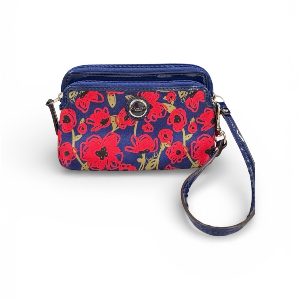Coach Blue Floral Wristlet with Red Poppy Print